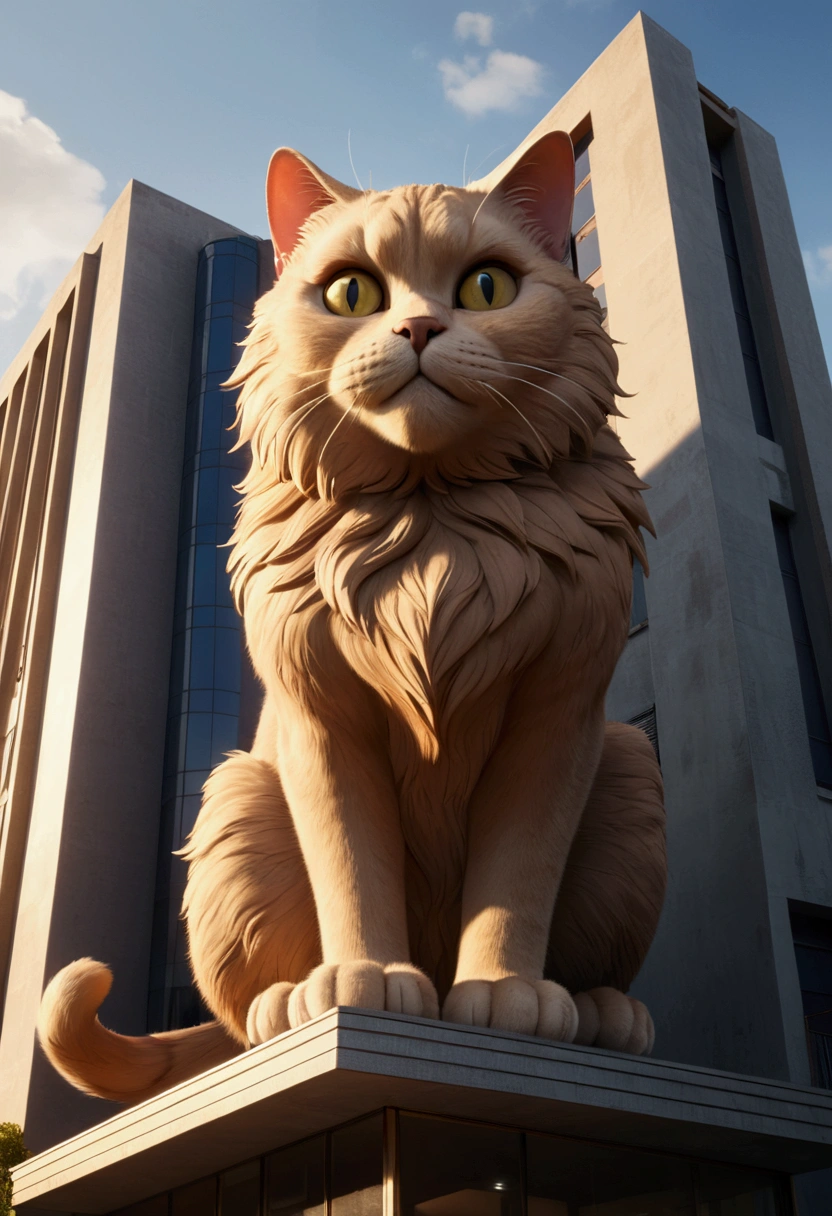 A giant cat straddling a building