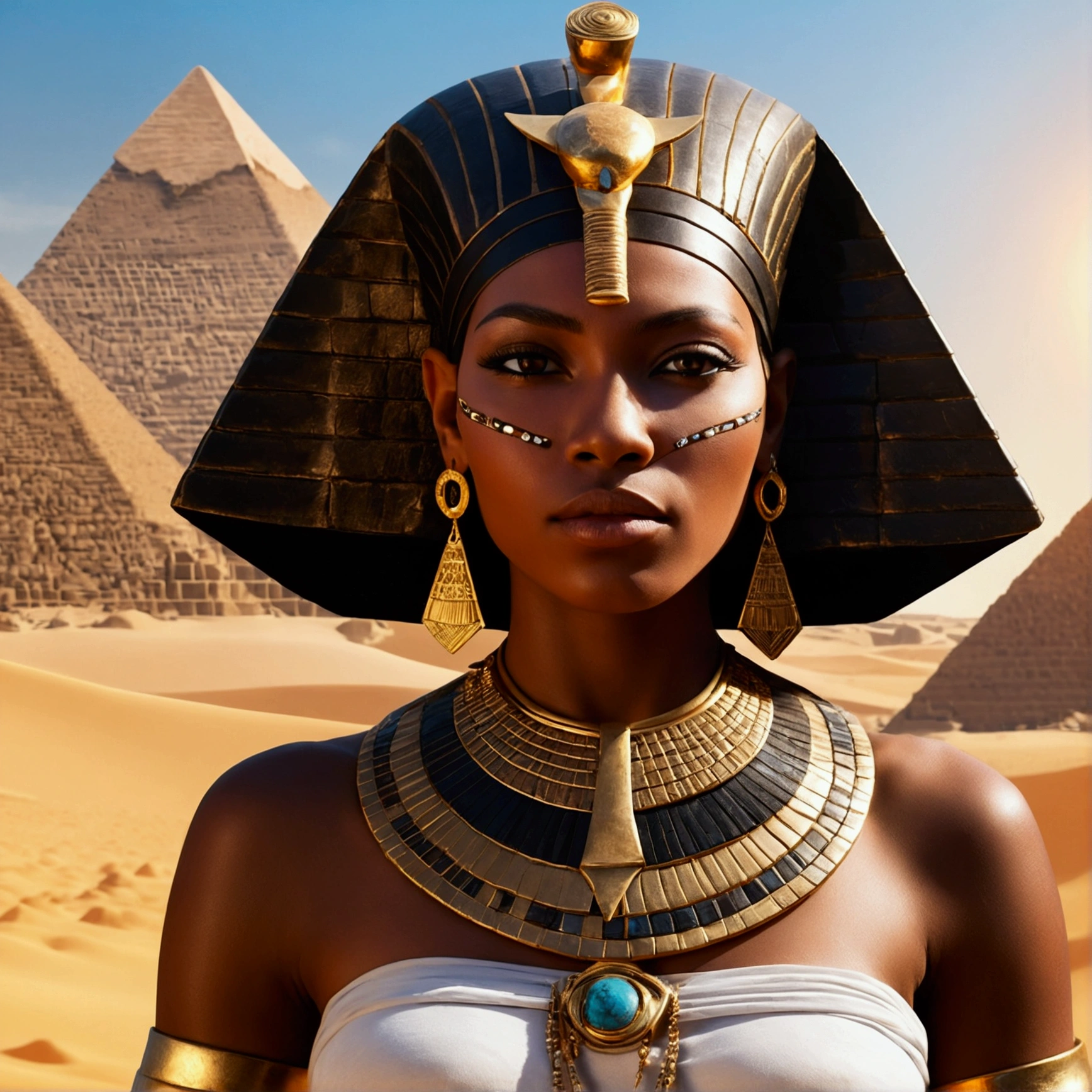 Queen of Ancient Egypt, black skin woman, lots of jewelry, In the background, pyramids make up the landscape of ancient Egypt, the sun illuminating and giving life, surreal 8K, Perfect artwork, super verbose, best qualityerr, award-winning art, offcial art, best qualityer