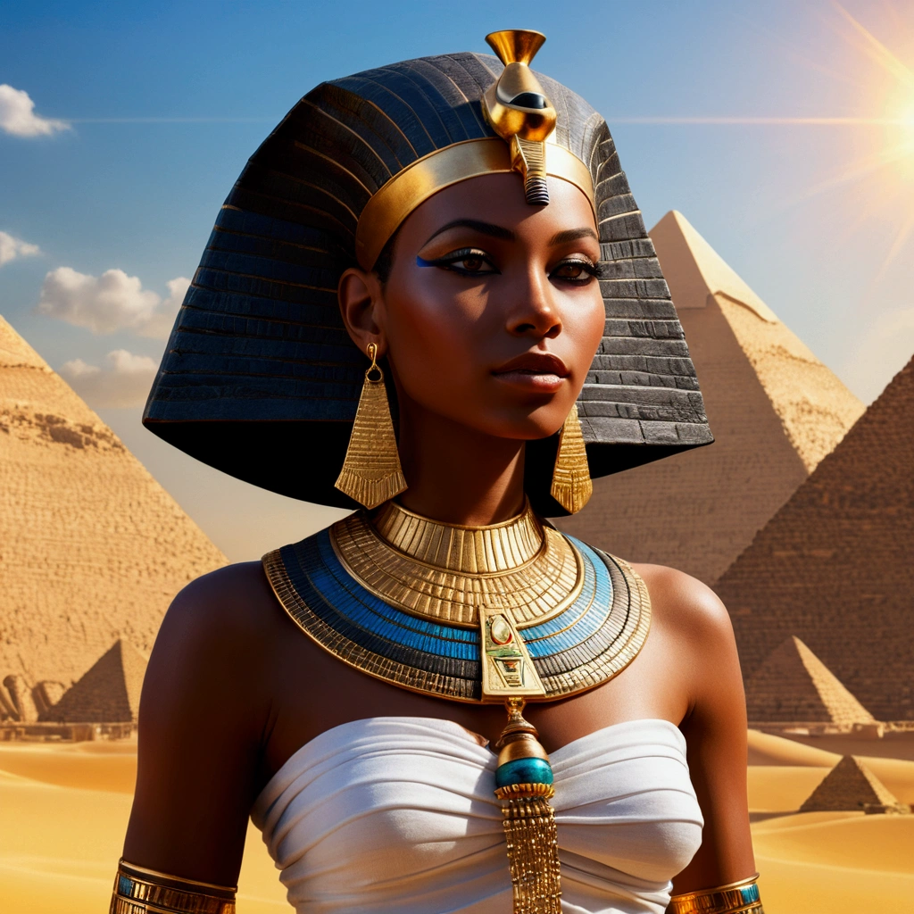 Queen of Ancient Egypt, black skin woman, lots of jewelry,  In the background, pyramids make up the landscape of ancient Egypt, the sun illuminating and giving life, surreal 8K, Perfect artwork, super verbose, best qualityerr, award-winning art, offcial art, best qualityer