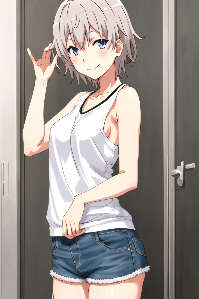 totsuka_almost_yahariorenoseishunlovecomewamachigatteiru grey_hair, short_hair, male_focus, blue_eyes, blush, smile, short jean shorts, micro shorts, bare breasts, showing breasts 