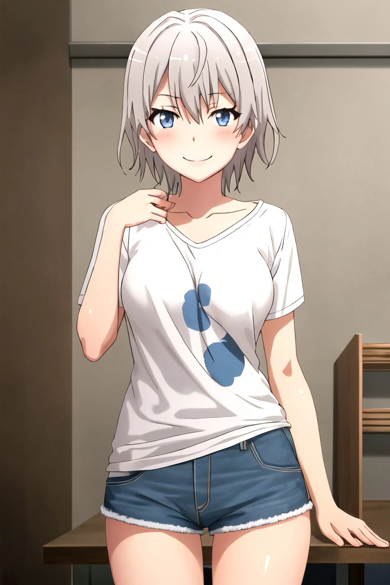 totsuka_almost_yahariorenoseishunlovecomewamachigatteiru grey_hair, short_hair, male_focus, blue_eyes, blush, smile, short jean shorts, micro shorts, bare breasts, showing breasts 