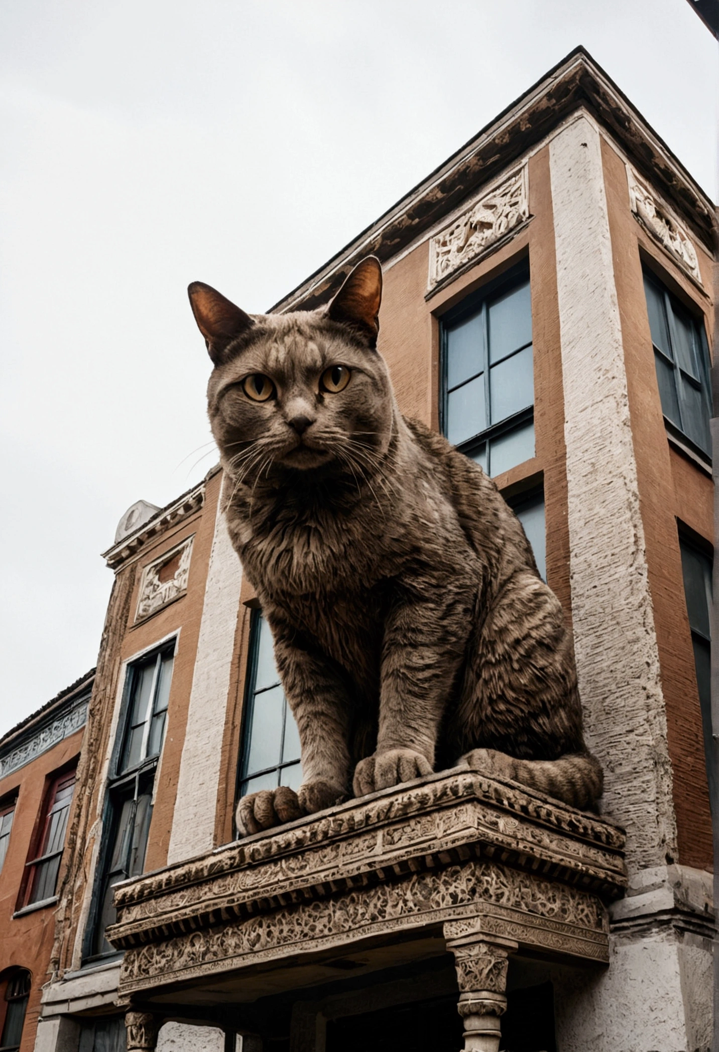 A giant cat straddling a building