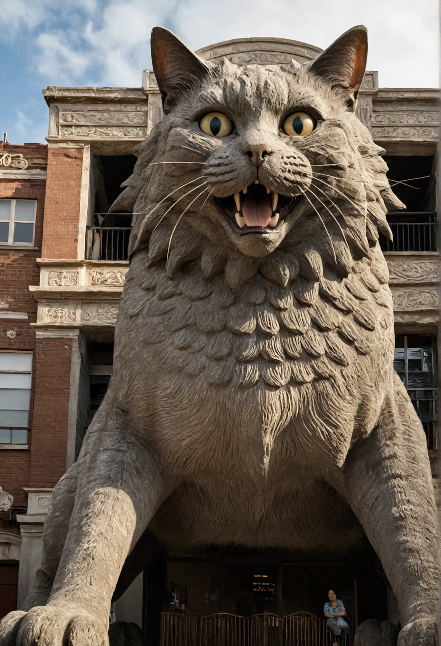 A giant cat straddling a building