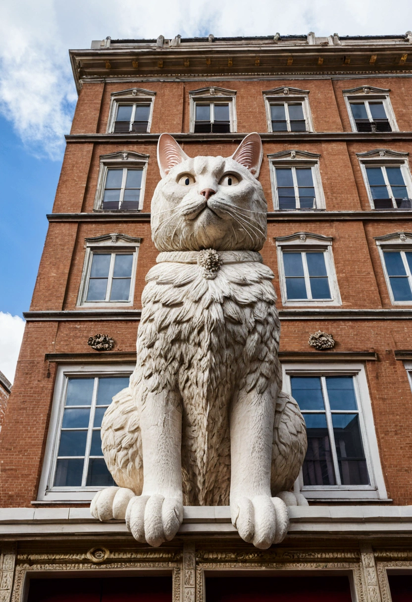 A giant cat straddling a building