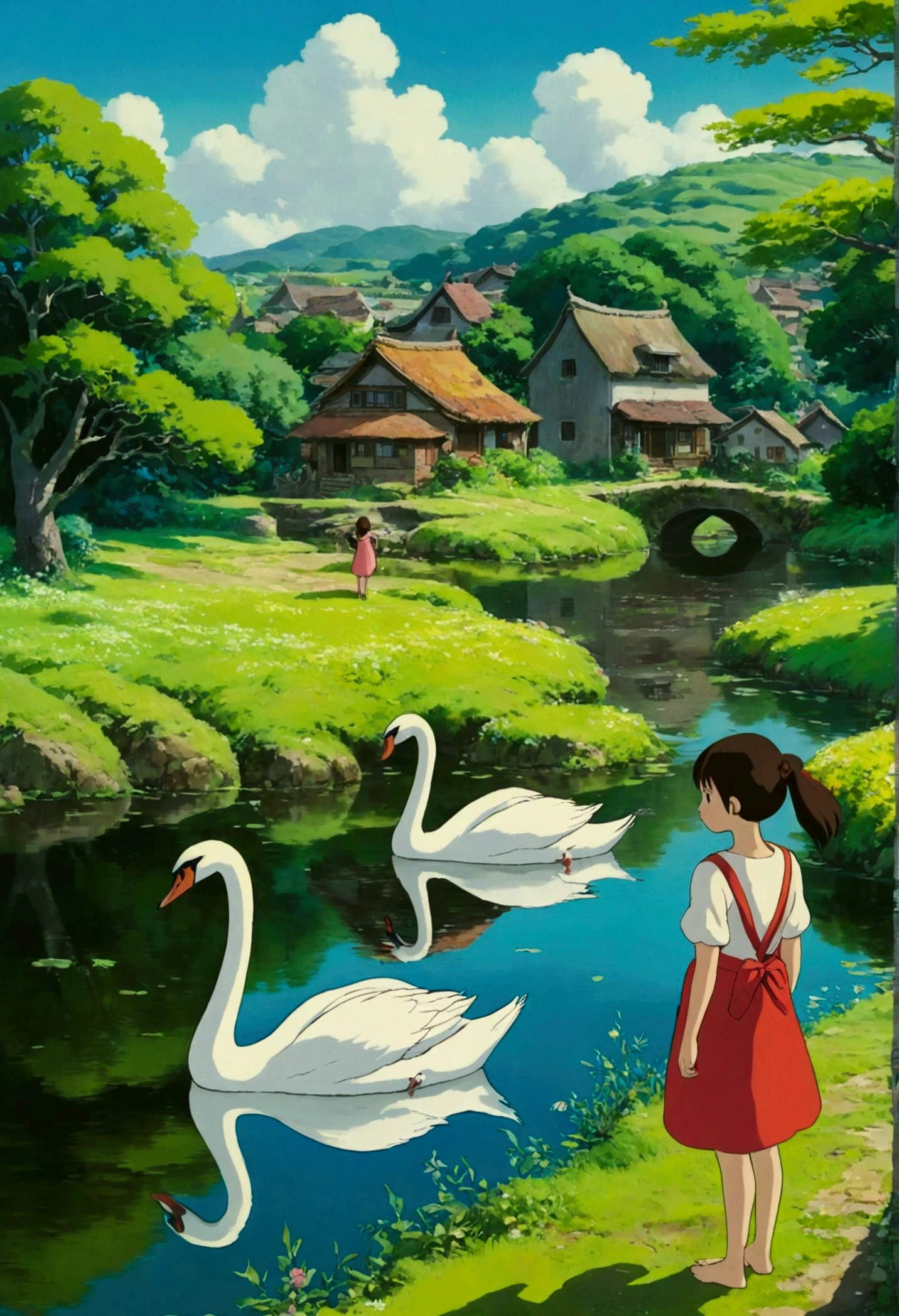 Ghibli countryside Swan and girl