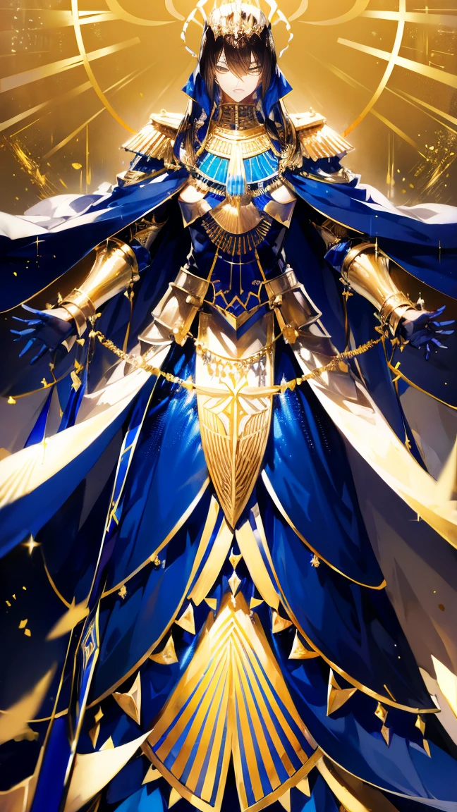 Egyptian crown, artoria pendragon \(fate\), blue robes, golden bracelets, Egyptian accessories, white short skirt, artoria pendragon (fate), saberface, (black hair), ((dark skin)), male, man, blue eyes, solo, standing, full-body shot, Egyptian desert background