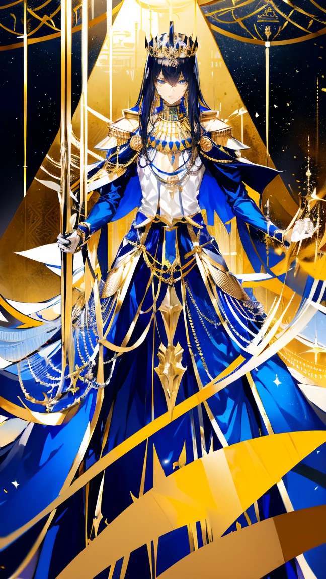 Egyptian crown, artoria pendragon \(fate\), blue robes, golden bracelets, Egyptian accessories, white short skirt, artoria pendragon (fate), saberface, (black hair), ((dark skin)), male, man, blue eyes, solo, standing, full-body shot, Egyptian desert background