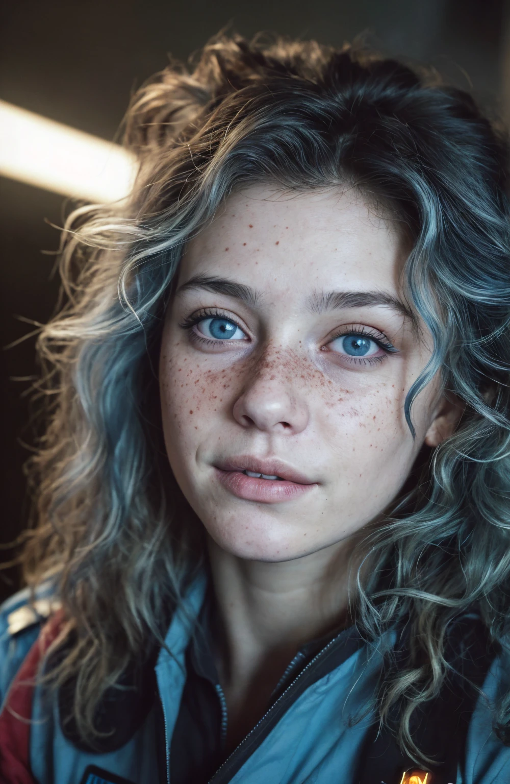 (Close-up, editorial photograph of a 21 year old woman), (highly detailed face:1.4) (smile:0.7) (background inside dark, moody, private study:1.3) POV, by lee jeffries, nikon d850, film stock photograph ,4 kodak portra 400 ,camera f1.6 lens ,rich colors, hyper realistic ,lifelike texture, dramatic lighting , cinestill 800, wavy hair, messy hair, curls, 80s hairstyle, Mischievous smirk, Blue hair, Blue Eyes, freckles, White Skin, Sci Fi, Spaceship, Cyberpunk, Futurism, Military Uniform, Technocratic Union, Astral Plane, European expressions, European woman, European skin