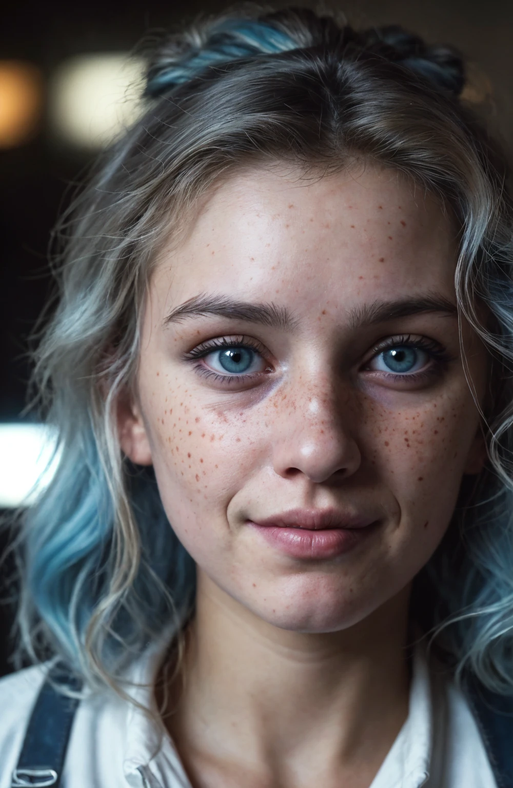 (Close-up, editorial photograph of a 21 year old woman), (highly detailed face:1.4) (smile:0.7) (background inside dark, moody, private study:1.3) POV, by lee jeffries, nikon d850, film stock photograph ,4 kodak portra 400 ,camera f1.6 lens ,rich colors, hyper realistic ,lifelike texture, dramatic lighting , cinestill 800, wavy hair, messy hair, curls, 80s hairstyle, Mischievous smirk, Blue hair, Blue Eyes, freckles, White Skin, Sci Fi, Spaceship, Cyberpunk, Futurism, Military Uniform, Technocratic Union, Astral Plane, European expressions, European woman, European skin