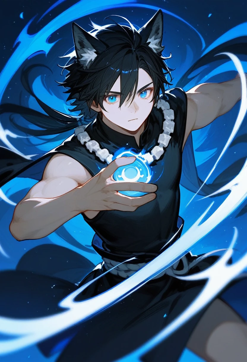 (score_9,score_8_up,score_7_up),1male,black hair hair,blue eyes,shaman black dress,wolf ear, hansome_face,holding grimoire book, dynamic pose To cast magic,right arm is only bone