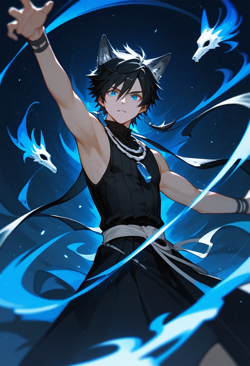 (score_9,score_8_up,score_7_up),1male,black hair hair,blue eyes,shaman black dress,wolf ear, hansome_face,holding grimoire book, dynamic pose To cast magic,right arm is only bone