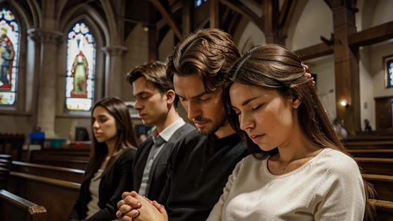 Man and woman praying in church. perfect photo. perfect faces