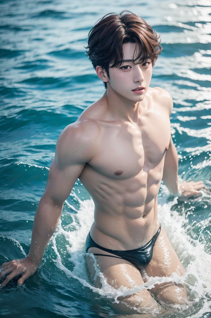 jungkook from bts swimming on a river