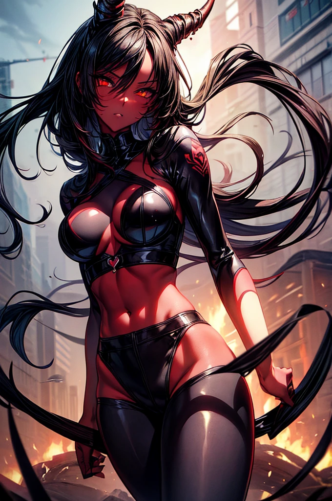 masterpiece, super detailed, high resolution, precision art, highly seductive anime girl. sexy and alluring, flawless dark red demonic skin, succubus, symmetrical face, beautiful olive eyes, flowing black hair, her very presence oozes seduction and allure, S-shaped body, black onyx colored horns jutting out her forehead, heart shaped tail protruding from her back, sexy and arousing slender and thin yet chiseled with enticing breasts, intricate and beautiful heart shaped tattoo engraved on her stomach, wearing spaghetti strap crop-top and form-fitting leggings that accentuate her round ass, hip-level shot