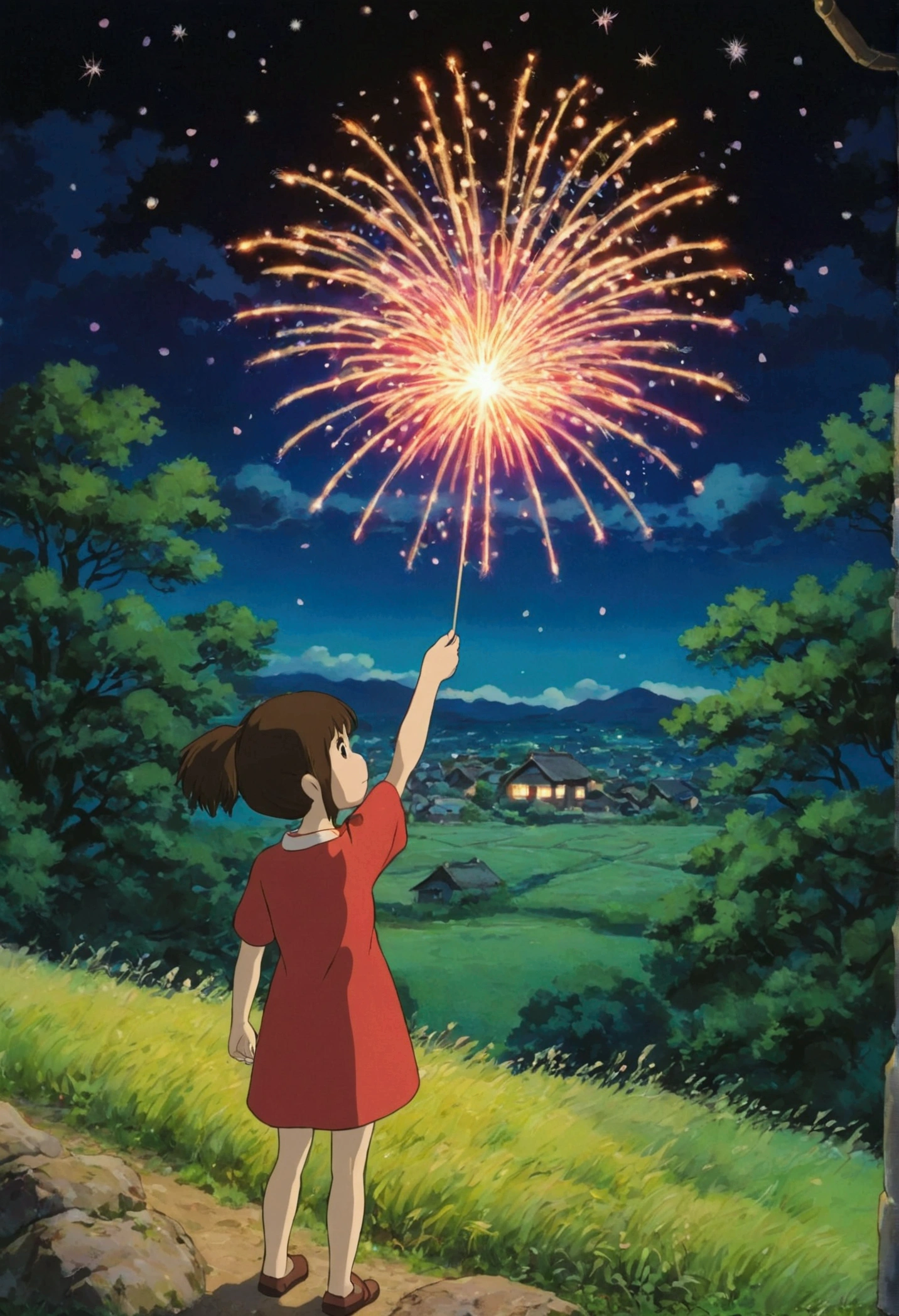 Ghibli　night　countryside　Hold a small firework