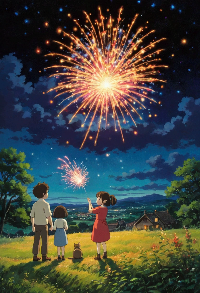 Ghibli night countryside Hold a small firework