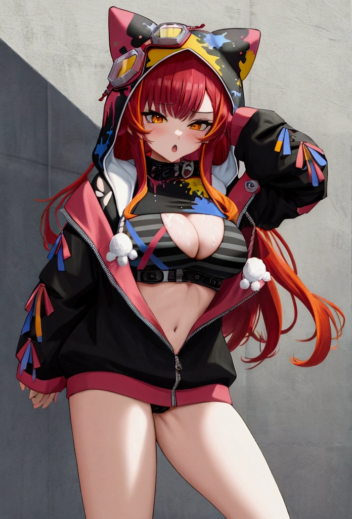 aatsuna, long hair, multicolored hair, large breasts, animal hood, hood up, goggles on head, black collar, cleavage, striped bikini, black shirt, torn clothes, black jacket, hooded jacket, long sleeves, bare legs,Big Breasts,naked,standing position,standing position, one leg up,sex,pussy juice,cum in pussy,ahegao