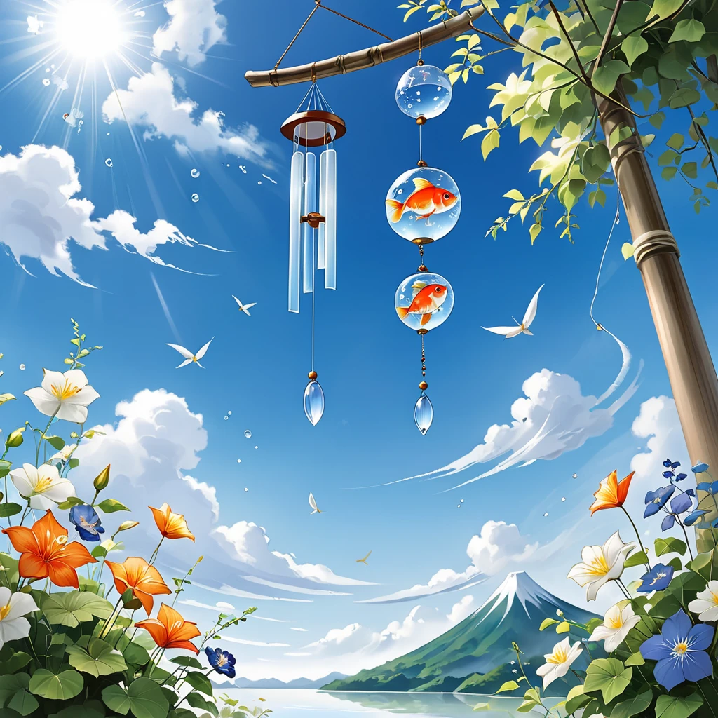 A Beautiful Japanese wind chimes (fuurin). The wind chimes are made of delicate glass and delicately hand-painted with summer motifs such as goldfish, morning glories, and fireworks. They play a gentle and pleasant sound as they sway in the gentle breeze. The color of the wind chime is transparent. The wind chime is drawn in the upper right corner. The background is a blue sky and pure white iridocumulus clouds.