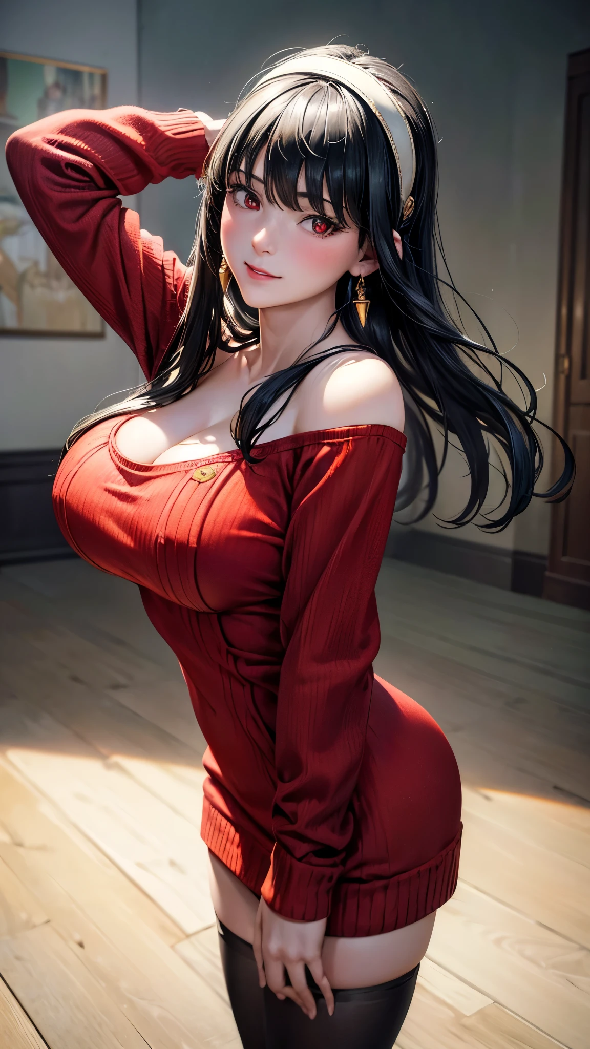(masterpiece, Highest quality:1.3), (Super detailed:1.4),(Super detailed顔:1.2),(Super detailed目:1.2), (hyperRealistic:1.3), (RAW Photos:1.2), High-definition RAW color photos, Professional photos, (PhotoRealistic:1.4), (Realistic:1.4),8k,Professional Lighting, Perfect Anatomy, BREAK,(Big Breasts:1.6),(blush:1.2),(Bright smile:1.2),Yolfoger, High detail, Sharp focus, dramatic,dutch angle,Björf,Black Hair,Long hair short hair,White hair band,Kamimei,Leaning forward,Bring your face closer,Red eyes,Gold earrings,jewelry,Off the shoulder,(Red sweater:1.3),Sweater dress,Long sleeve,Black Pantyhose,Luxury bedroom,(thong:1),(Sexy pose 1.4)
