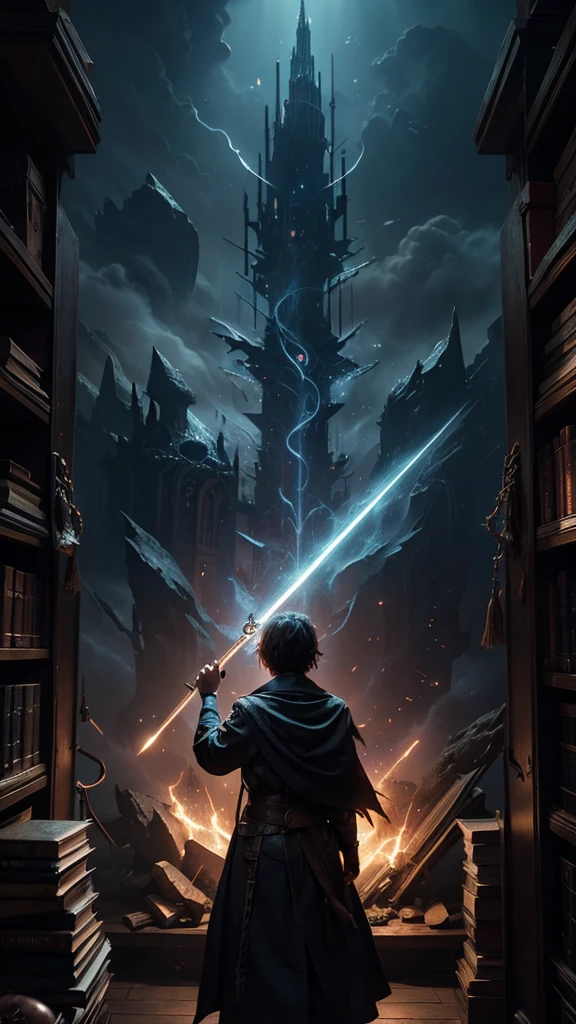 Sorcerer doing spells, look at the camera, books floating in the background, illuminated magic symbols scattered around the sorcerer, background shelves with books in perspective, colored fog, enigmatic atmosphere, cinematic lighting. Artistic movie poster style photography.
