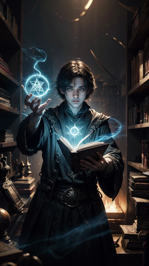 Sorcerer doing spells, look at the camera, books floating in the background, illuminated magic symbols scattered around the sorcerer, background shelves with books in perspective, colored fog, enigmatic atmosphere, cinematic lighting. Artistic movie poster style photography.