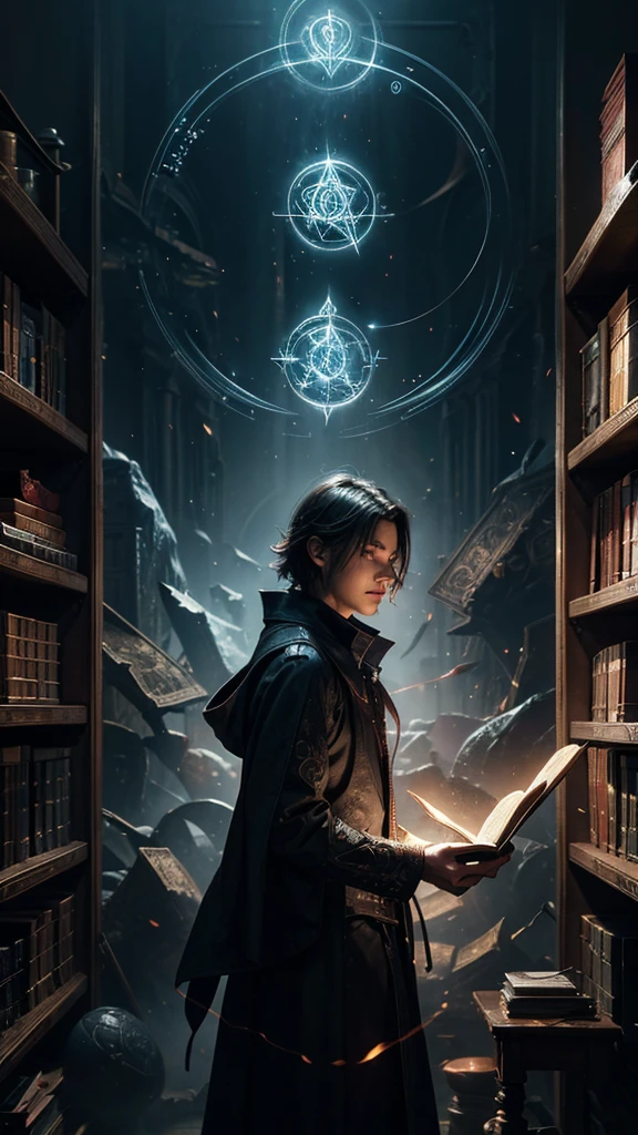 Sorcerer doing spells, look at the camera, books floating in the background, illuminated magic symbols scattered around the sorcerer, background shelves with books in perspective, colored fog, enigmatic atmosphere, cinematic lighting. Artistic movie poster style photography.
