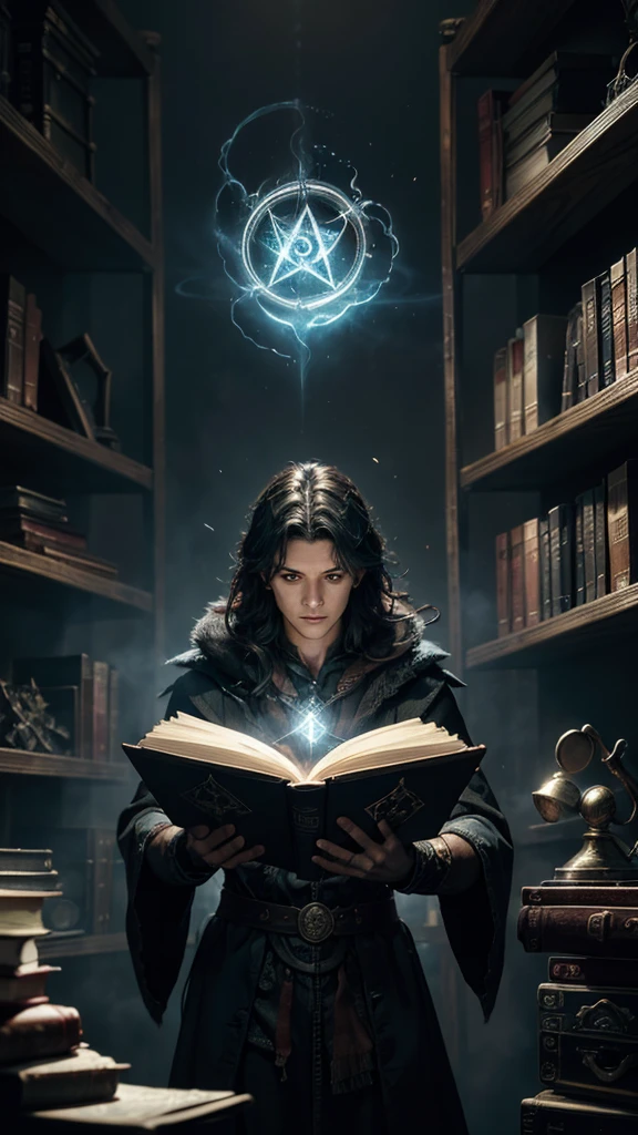 Sorcerer doing spells, look at the camera, books floating in the background, illuminated magic symbols scattered around the sorcerer, background shelves with books in perspective, colored fog, enigmatic atmosphere, cinematic lighting. Artistic movie poster style photography.
