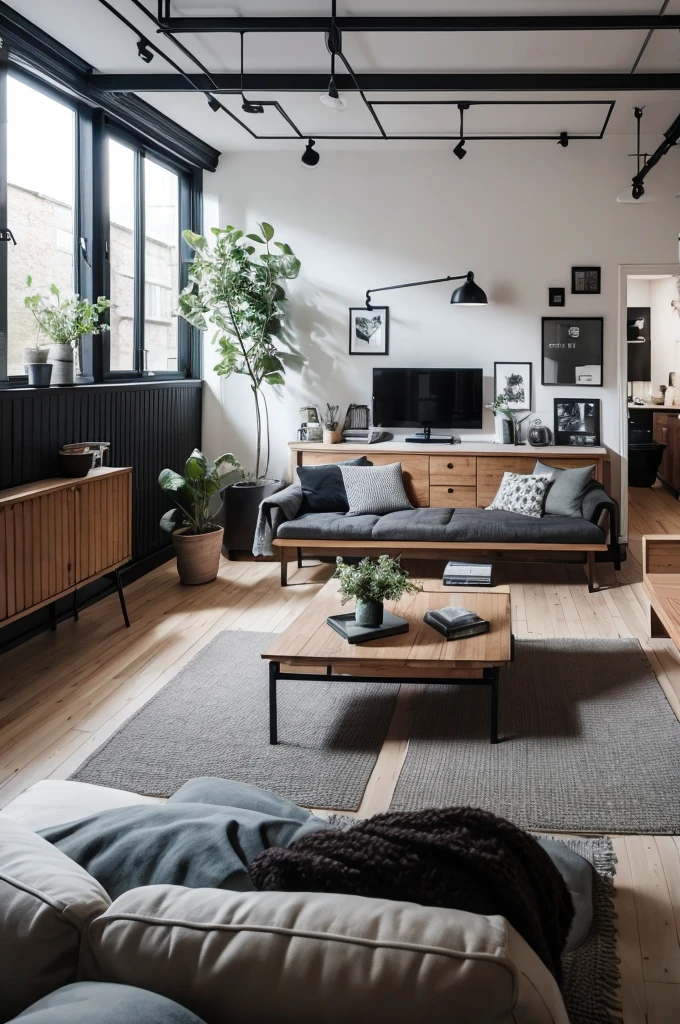 A living room with a combination of Scandinavian and industrial decor