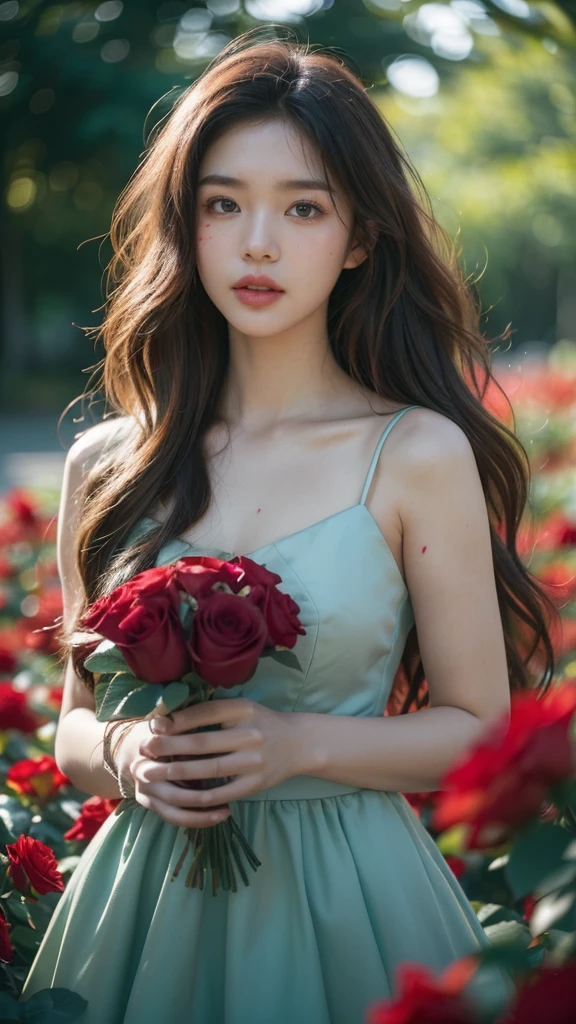amazingly realistic, High resolution 8K photo of a beautiful 20 year old woman, ((messy side wave long hair)), And a glamorous person, (우아한 dress:1.2), dramatic lighting, masterpiece, Immersive atmosphere, chiaroscuro:(1.5, bright lights:1.2, shining light), (blur background:1.5), treasury, best quality, realistic, very detailed, HDR, Physically Based Rendering, studio lighting, vivid colors, bokeh, (real skin texture:1.3), high contrast, (fujicolor:1.5), film grain, girl in the rose garden,  dress, (Red flower mess in the background..:1.3), Fascinating detailed red eyes and face, dynamic lighting, in the dark, deep shadows, low key, cowboy shot, 