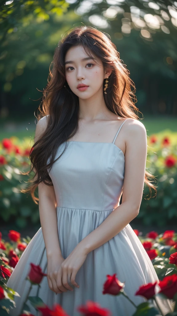 amazingly realistic, High resolution 8K photo of a beautiful 20 year old woman, ((messy side wave long hair)), And a glamorous person, (우아한 dress:1.2), dramatic lighting, masterpiece, Immersive atmosphere, chiaroscuro:(1.5, bright lights:1.2, shining light), (blur background:1.5), treasury, best quality, realistic, very detailed, HDR, Physically Based Rendering, studio lighting, vivid colors, bokeh, (real skin texture:1.3), high contrast, (fujicolor:1.5), film grain, girl in the rose garden, dress, (Red flower mess in the background..:1.3), Fascinating detailed red eyes and face, dynamic lighting, in the dark, deep shadows, low key, cowboy shot,