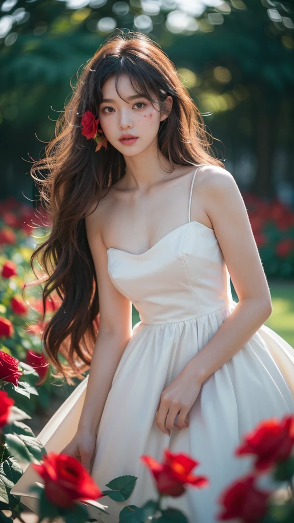 amazingly realistic, High resolution 8K photo of a beautiful 20 year old woman, ((messy side wave long hair)), And a glamorous person, (우아한 dress:1.2), dramatic lighting, masterpiece, Immersive atmosphere, chiaroscuro:(1.5, bright lights:1.2, shining light), (blur background:1.5), treasury, best quality, realistic, very detailed, HDR, Physically Based Rendering, studio lighting, vivid colors, bokeh, (real skin texture:1.3), high contrast, (fujicolor:1.5), film grain, girl in the rose garden,  dress, (Red flower mess in the background..:1.3), Fascinating detailed red eyes and face, dynamic lighting, in the dark, deep shadows, low key, cowboy shot, 