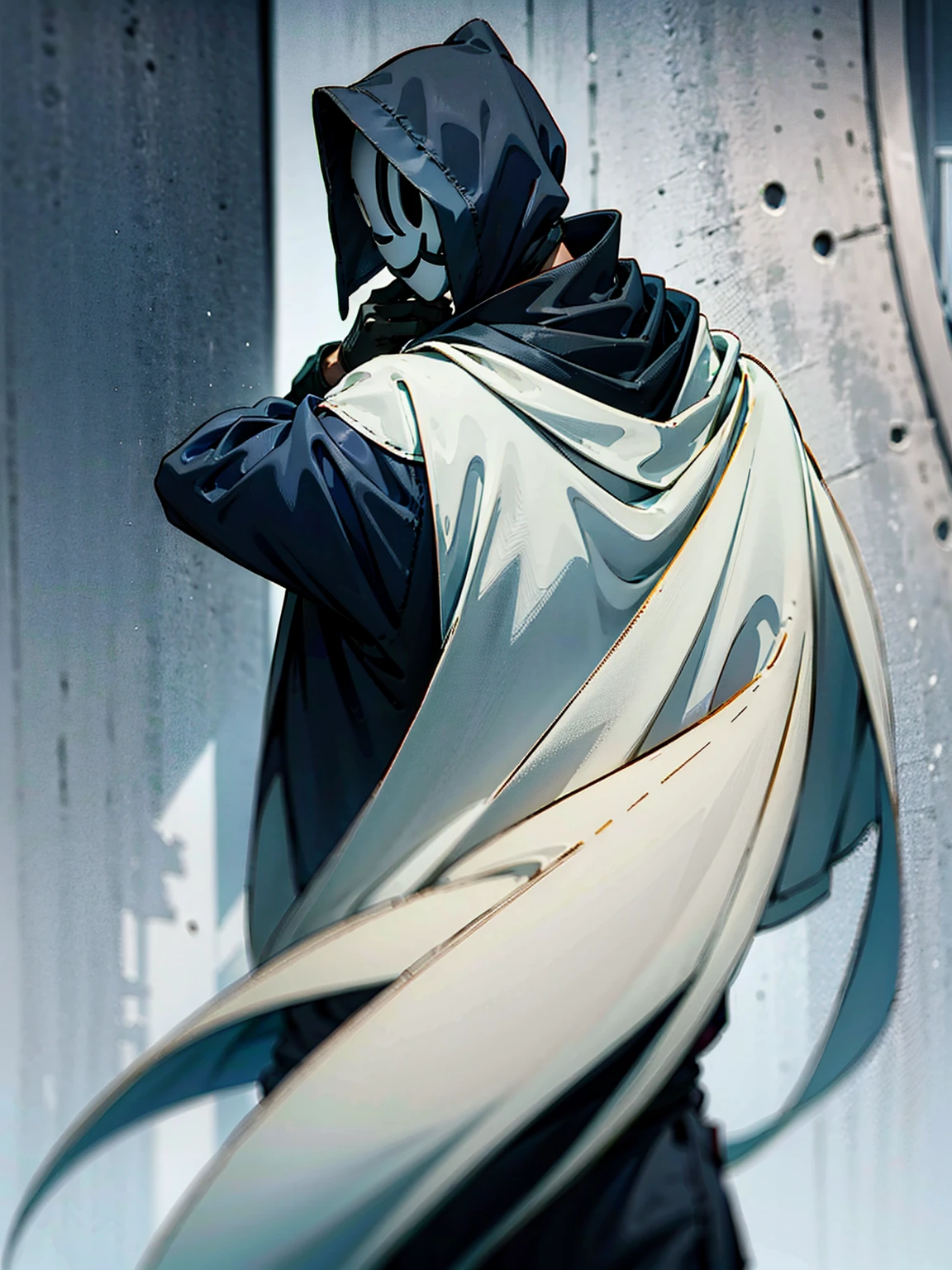 1male, black hair, tied to the back, hood over head, high rise invasion mask, cloak, black yukata, gloves