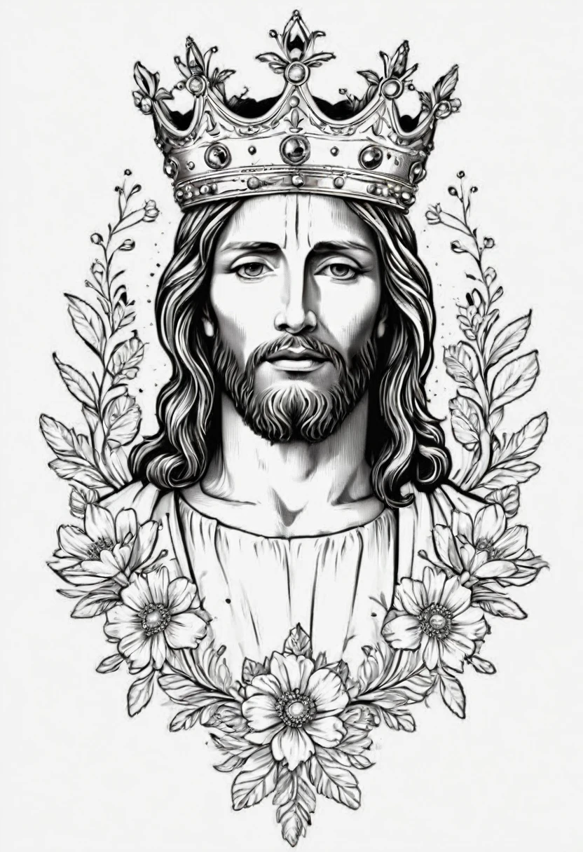 design of a tattoo of Jesus Christ in a crown with floral patterns