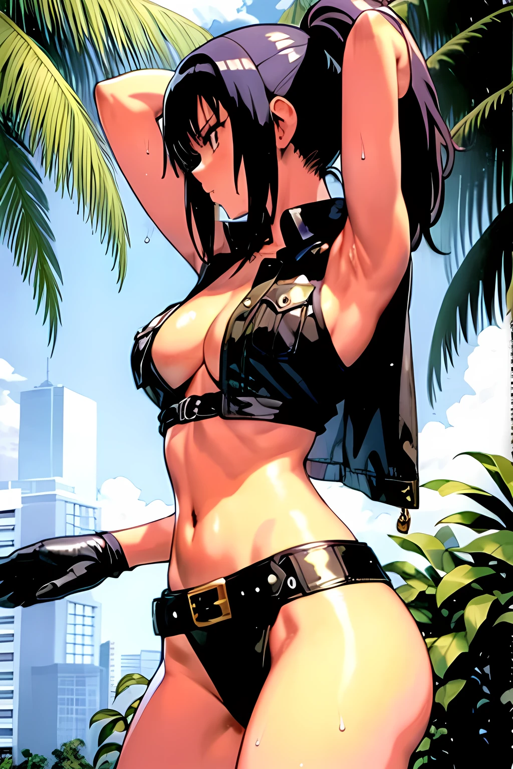 masterpiece, best quality, anime 1990s \(style\, leona heidern, no bra, fully open vest, thong ,jungle, pony tail, wet, serious, gloves, , sleeveless, belt, touching hair, dirty.