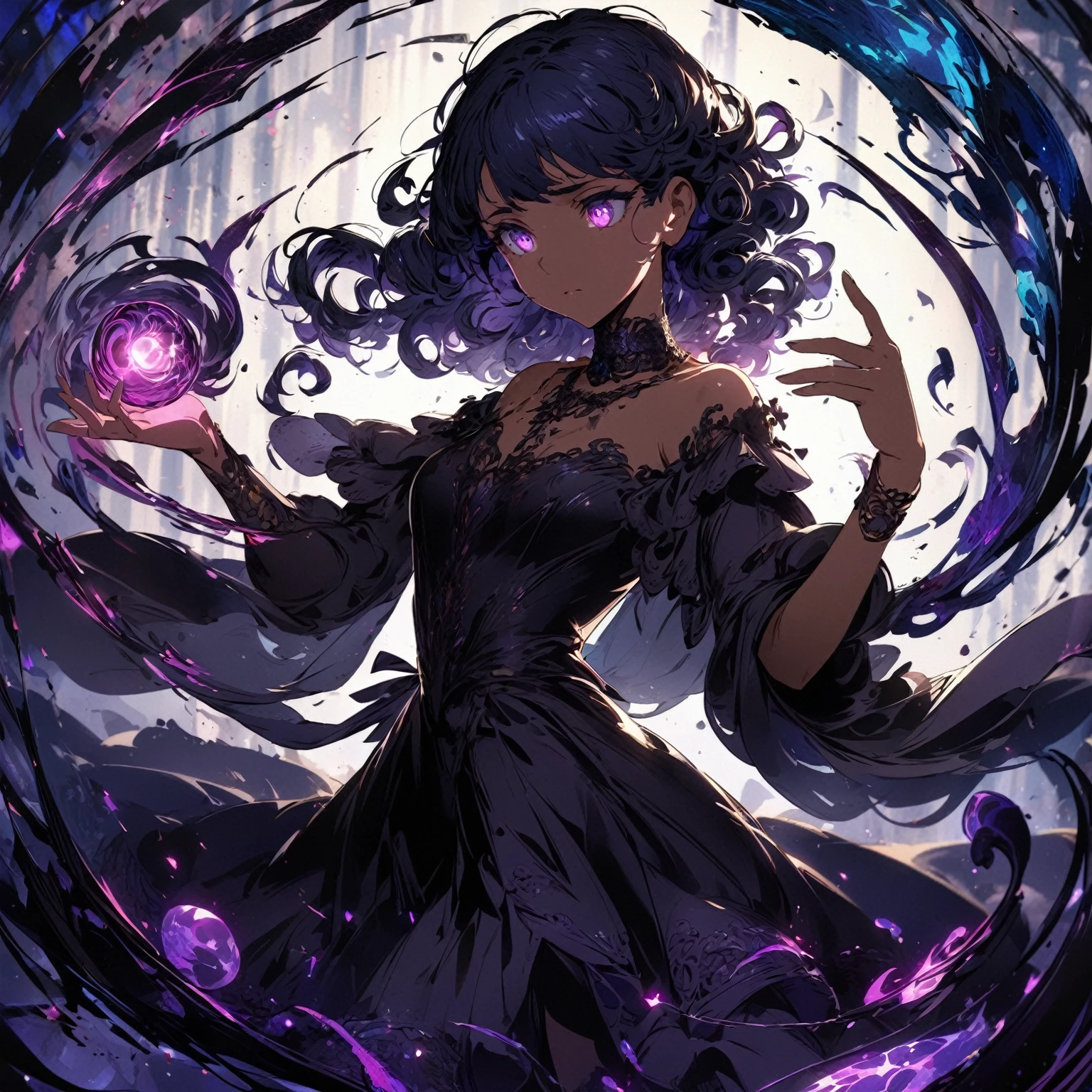 A young woman with dark, curly hair, wearing a black, off-shoulder dress with lace and intricate details, (nude:0.9), a choker necklace, standing in a mysterious environment with a glowing, swirling purple and black aura, holding a glowing purple orb in her left hand, with energy swirling around her, casting dramatic shadows, and a soft backlight illuminating her figure, detailed gorgeous face| anime style| key visual| intricate detail| highly detailed| breathtaking| vibrant| panoramic| cinematic| Carne Griffiths| Conrad Roset| gibbli 8k