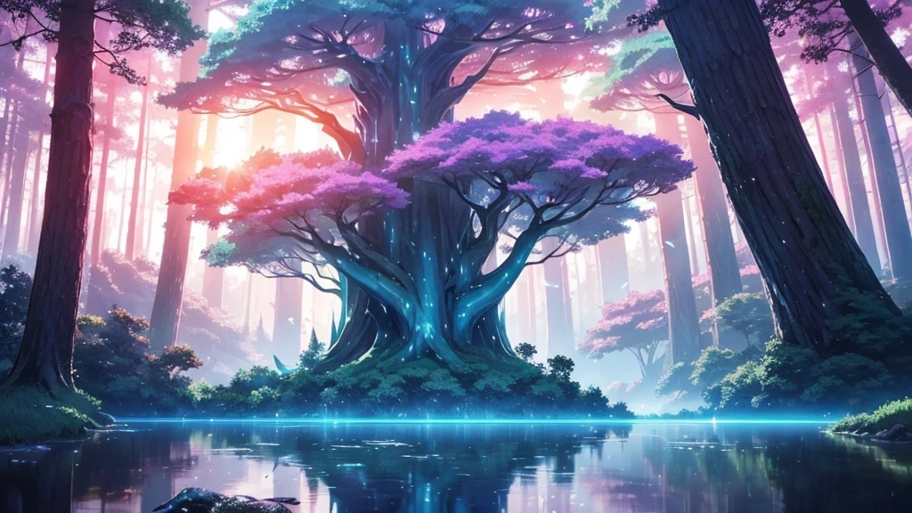 Magic forest in surreal anime style for ambient music cover. Giant trees with twisted trunks and luminescent leaves in pastel tones. A central clearing reveals a crystalline lake reflecting a sunset and glass butterflies float across the scene. Smooth and ethereal animation style, reminiscent of the works of Hayao Miyazaki mixed with the surrealism of &#39;Paprika&#39;. Soft and dreamlike color palette: deep blues, soft greens and delicate pinks. The general atmosphere is serene and mystical. Composition that invites the viewer to immerse themselves in this dream world