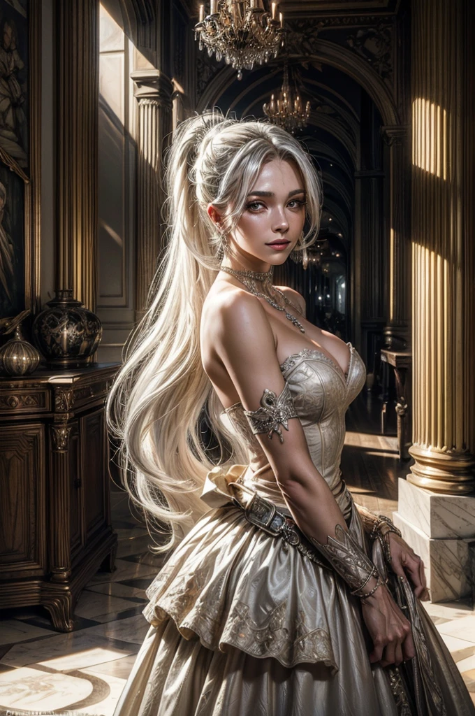 (masterpiece, best quality:1.2), cowboy shot, weissvale, smile, closed mouth, looking at viewer, long white hair, side ponytail, scar above eye, scar below eye, black wedding dress, jewelry, necklace, earrings, future_urban, indoors, standing inside ornate palace, wedding, elegant crowd, marble floor, chandeliers, arch, pillars, (volumetric lighting), intricate details, tonemapping, sharp focus, hyper detailed