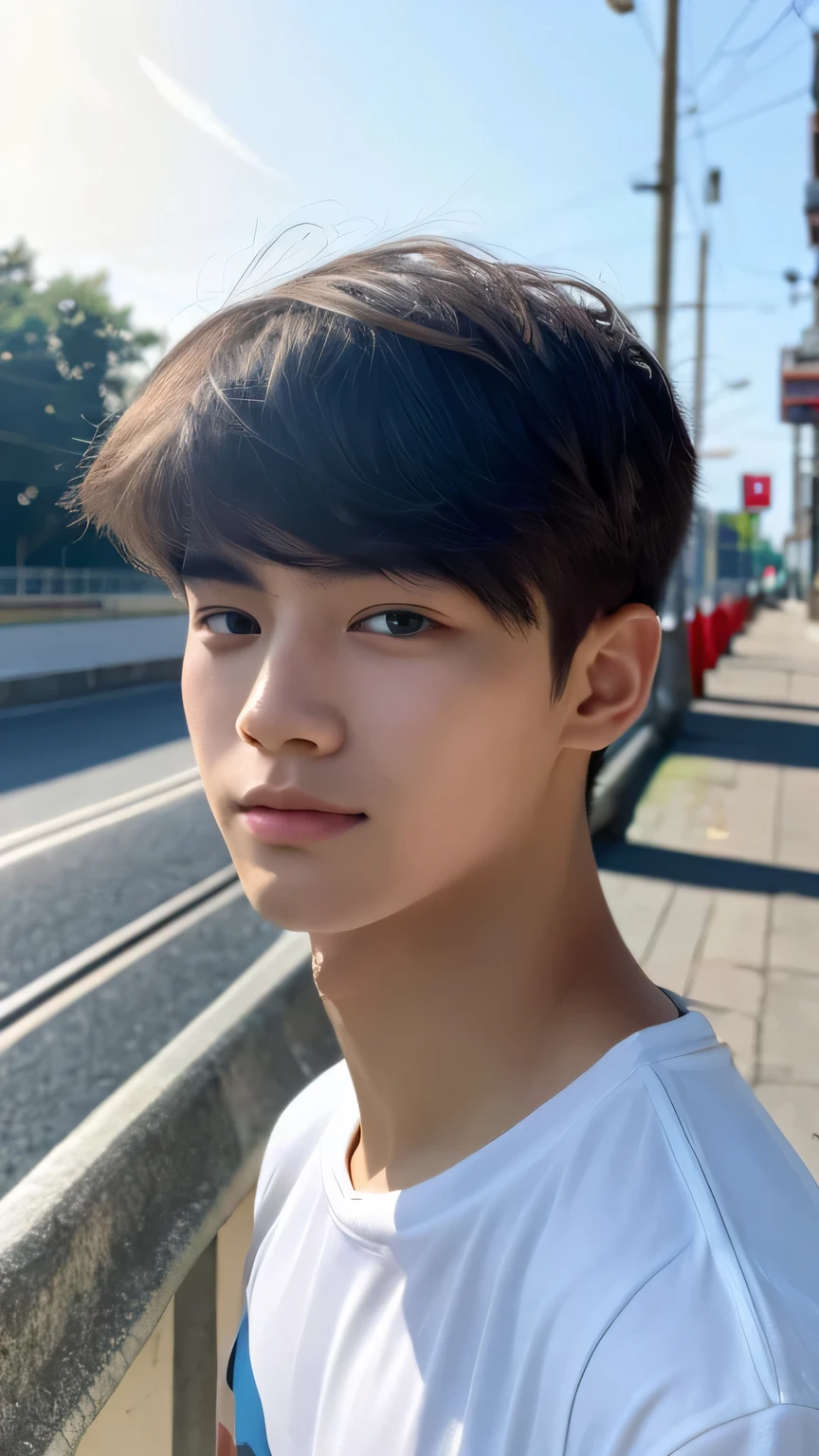 Highest quality, masterpiece, Ultra-high resolution, (Realistic: 1.4), Original photo, wallpaper, Head Photo, skin, Simple Background, Iris, detailed, Selfie, 1 boy, 18-year-old, good looking, Wind,peace sign