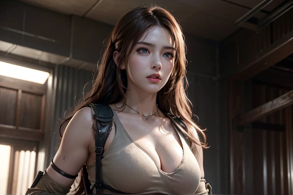 super fine illustration, ultra high resolution, masterpiece, highest quality, perfect lighting, detailed lighting, dramatic shadow, ray tracing, 1 Femail warrior, (((solo:1.5))), cute face, Big breasts, exposed cleavage, beautiful detailed hazel eyes, sharp face, clear eyes, long bang, ((medium curly hair:1.2)), blonde hair, ((post-apocalyptic fiction)), ((desert:1.2)), ((desert battle suit)), ((military harness)), world of the Mad Max, Resident Evil Series, full body, from below,