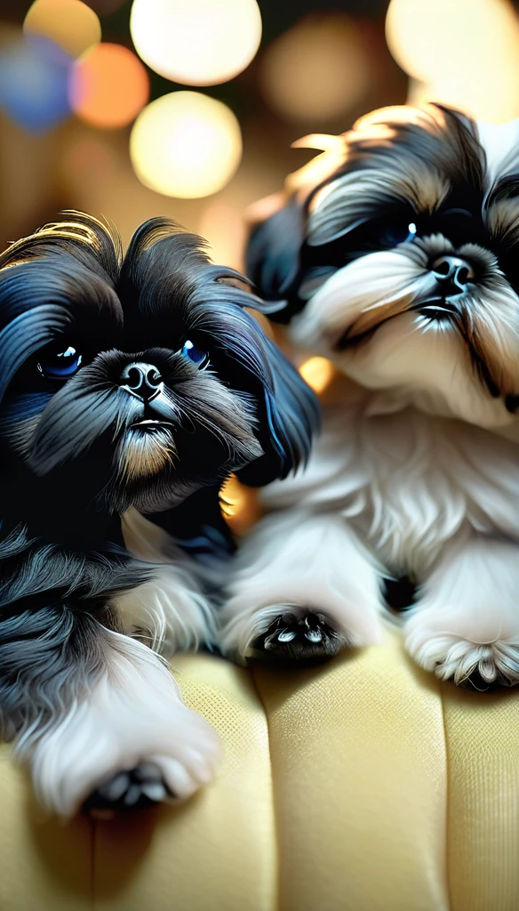 2 adorable small black shih tzu puppies, highly detailed, furry, soft, plush texture, photorealistic, intricate details, realistic fur, paws, pads, blue eyes with highlights, adorable, cute, fluffy, huggable, 8k, photorealistic, hyper detailed, masterpiece, studio lighting, cinematic lighting, dramatic shadows, vibrant colors, rich textures, clean lines, sharp focus, lifelike