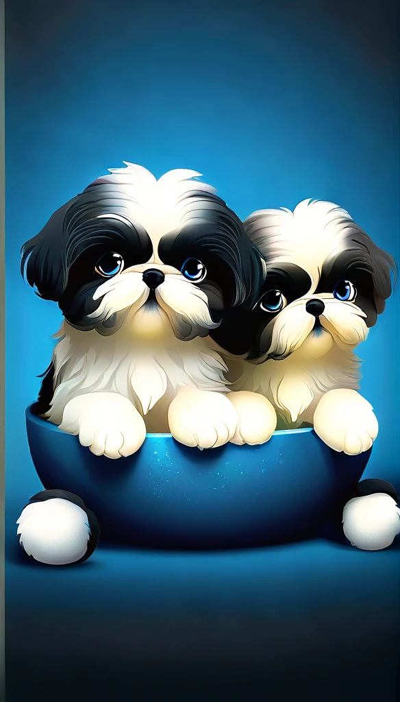 2 adorable small black shih tzu puppies, highly detailed, furry, soft, plush texture, photorealistic, intricate details, realistic fur, paws, pads, blue eyes with highlights, adorable, cute, fluffy, huggable, 8k, photorealistic, hyper detailed, masterpiece, studio lighting, cinematic lighting, dramatic shadows, vibrant colors, rich textures, clean lines, sharp focus, lifelike