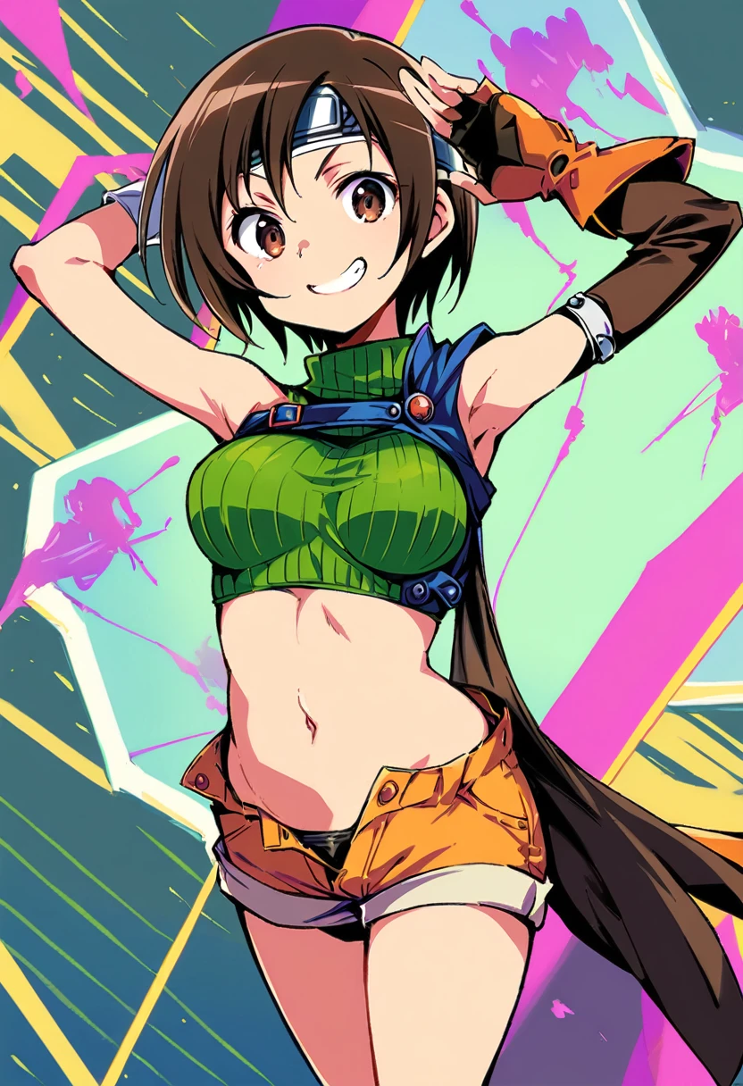 score_9, score_8_up, score_7_up,,BREAK , dynamic angle:1.2.,mediumshot,(Standing pose),soro focus,1girl, yuffie kisaragi, final fantasy, short hair,headband,navel,sleeveless,turtleneck,brown eyes,sleeveless turtleneck,solo,breasts,looking at viewer,smile,gloves,crop top,brown hair,shorts,midriff,,sweater,open fly,armor,fingerless gloves,ribbed sweater,medium breasts,,smile,smug,best quality,aesthetic,very aesthetic,masterpiece,high-resolution, (Proportion).arms up,