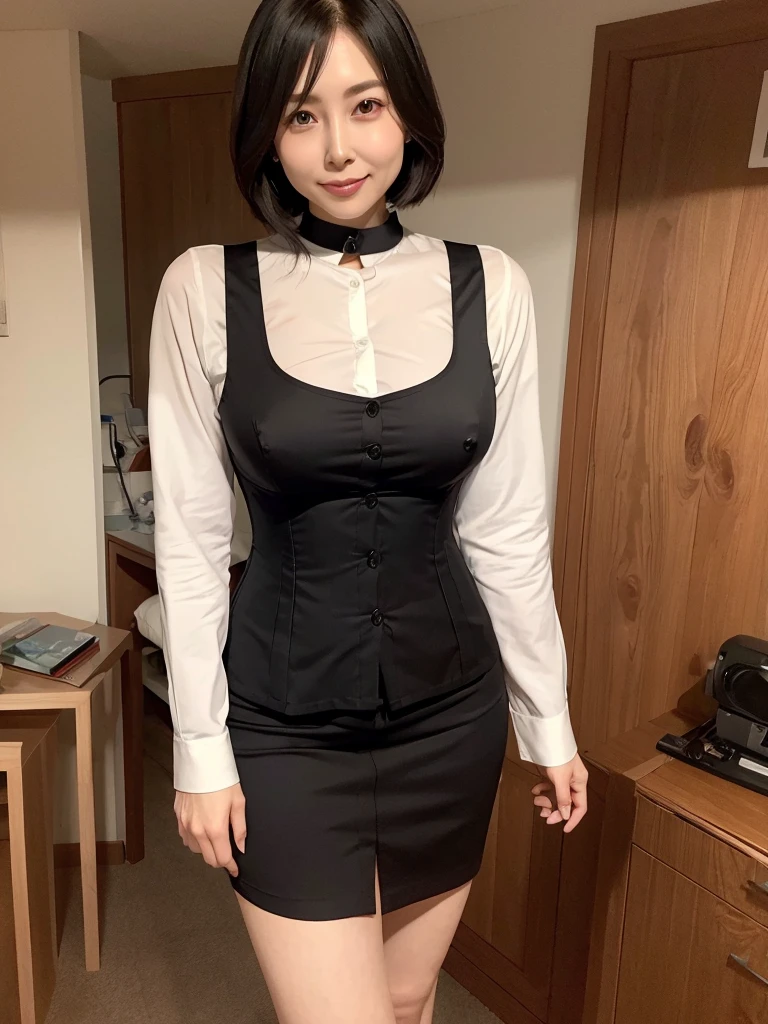 Highest quality、masterpiece、8k、Very detailed、Realistic、Looking at me with a smile、whole body、Black Hair、Small face、Slender、、Thin and beautiful legs、narrow and constricted waist,、Sleeveless shirt with buttons andollar、A very long tight skirt that accentuates the shape of the buttocks、A shirccentuates the shape of your body、A shirt that accentuates the shape of the chest、Erect nipples、Underbustet、Alls on the shirt are closed