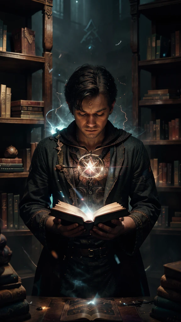 Sorcerer doing spells, look at the camera, books floating in the background, illuminated magic symbols scattered around the sorcerer, background shelves with books in perspective, colored fog, enigmatic atmosphere, cinematic lighting. Artistic movie poster style photography.
