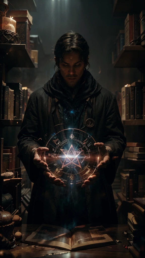 Sorcerer doing spells, look at the camera, books floating in the background, illuminated magic symbols scattered around the sorcerer, background shelves with books in perspective, colored fog, enigmatic atmosphere, cinematic lighting. Artistic movie poster style photography.