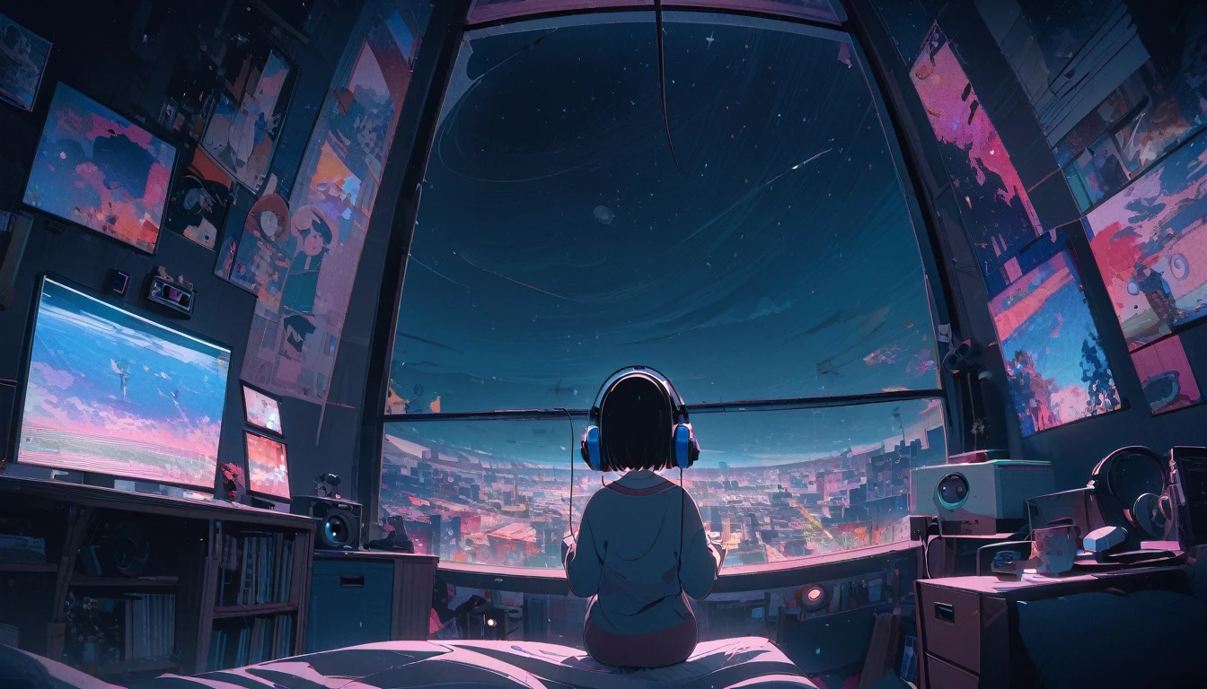 Ultra wide angle, (from behind), Girl listening to music with headphones on bed,Girl listening to music in a cozy room (night), Using headphones, on the roof, (beautiful night views from windows), Lots of things, lo-fi, very detailed, hard disk, A mix of anime style and Fujifilm, surreal, 8K, masterpiece, short hair, black hair