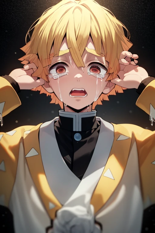 masterpiece, best quality, high quality, 1boy, solo, male focus, looking at viewer, upper body, agatsuma_zenitsu, blonde hair, Hands up holding head, Crying Face