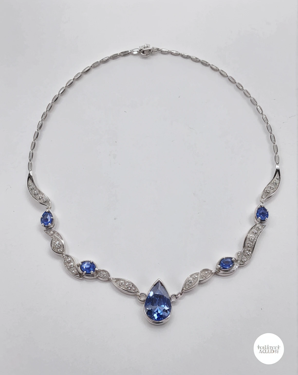 A girl with long dark hear wear this necklece,necklece made with white gold and Sapphire and diamonds