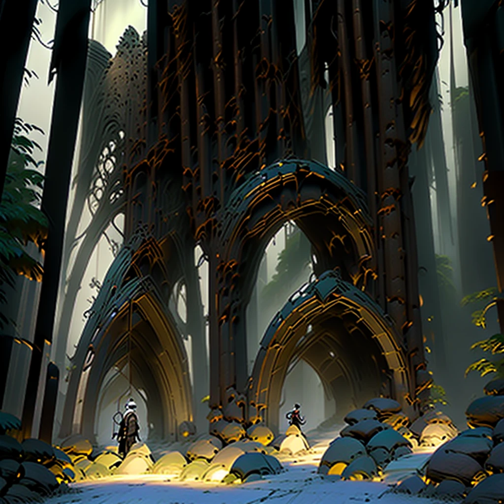Make a magical stone portal in a forest with a green neon light coming out of it, in front of the portal there is the silhouette of a knight looking at the portal