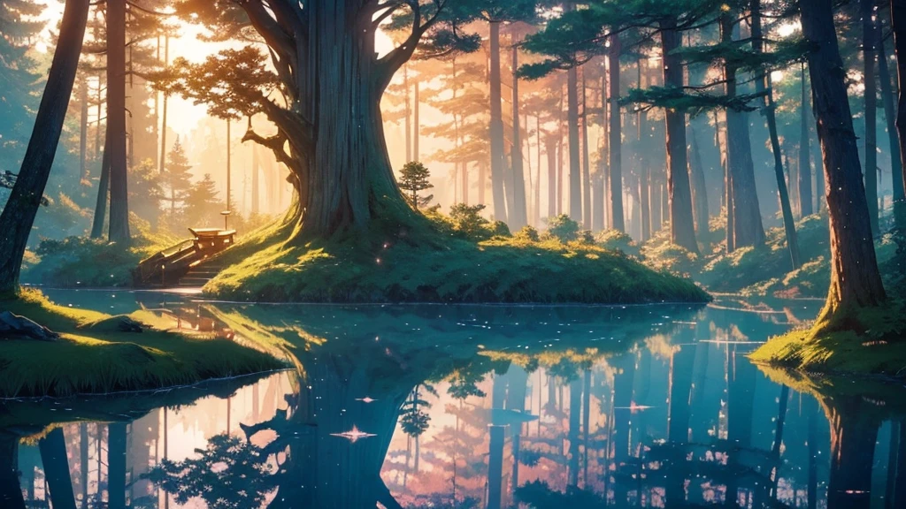 a cabin in a magical forest in surreal anime style for ambient music cover. Giant trees with twisted trunks and luminescent leaves in pastel tones. A central clearing reveals a crystalline lake reflecting a sunset and glass butterflies float across the scene. Smooth and ethereal animation style, reminiscent of the works of Hayao Miyazaki mixed with the surrealism of 'Paprika'. Soft and dreamlike color palette: deep blues, soft greens and delicate pinks. The general atmosphere is serene and mystical. Composition that invites the viewer to immerse themselves in this dream world